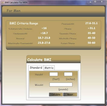 Calculate body mass index for men.